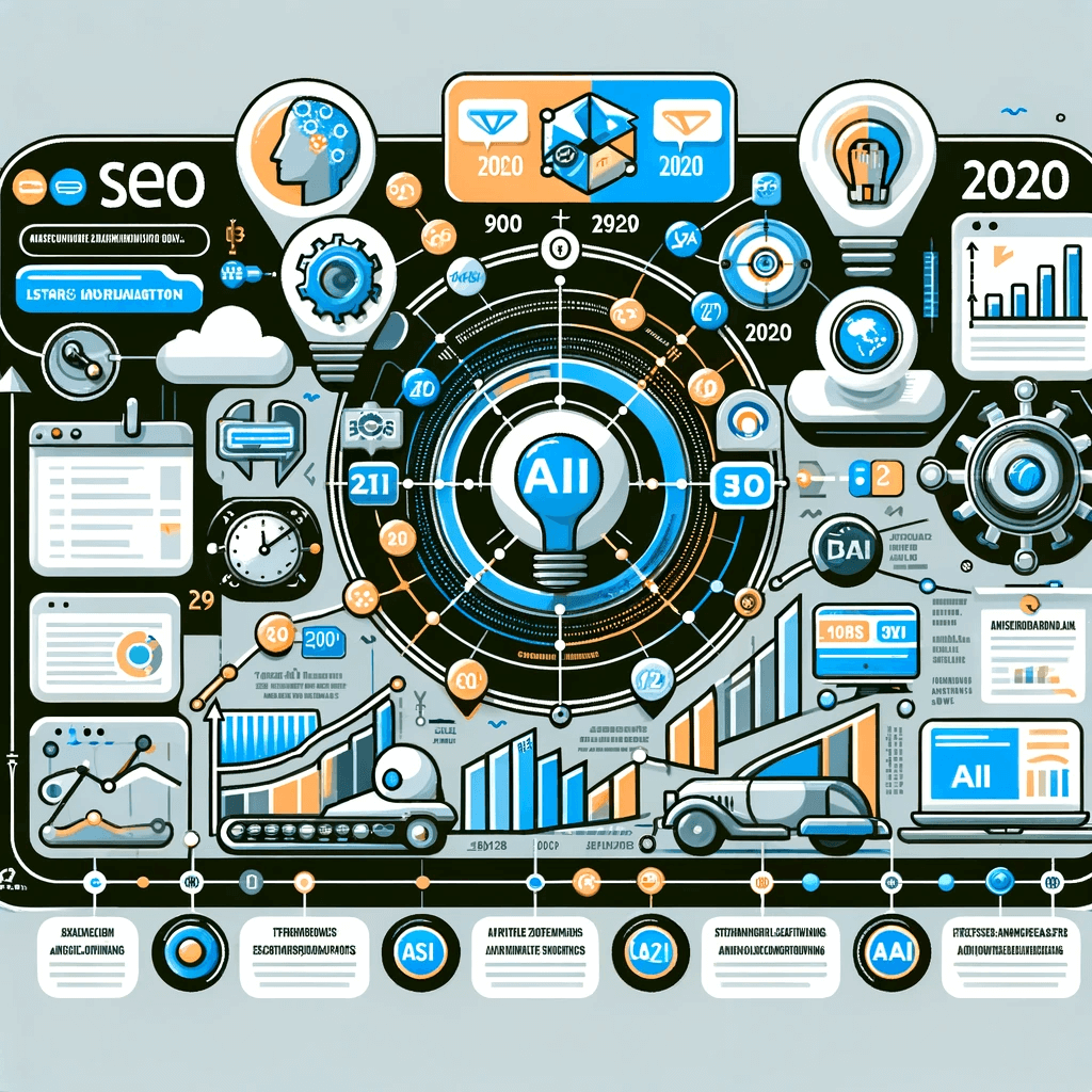 אינפוגרפיקה הממחישה את האבולוציה של אלגוריתמי SEO והשימוש ב-AI ב-SEO לאורך זמן. הגרפיקה צריכה להראות ציר זמן מתחילת שנות ה-2000