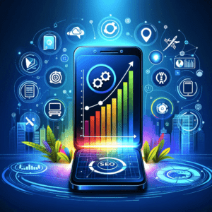 A-digital-illustration-representing-the-mobile-era-of-SEO-in-2010.-The-image-features-a-large-smartphone-displaying-a-graph-with-an-upward-trend-symb